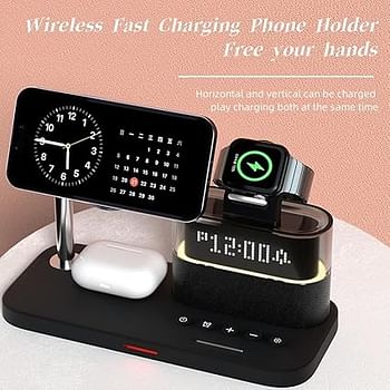 5 in 1 Wireless Charger with Alarm Clock, Wireless Charger Station for Apple Device, Mag-Safe Charging Station, Magnetic Wirelss Charger Stand for Cell Phones, Watches, Headphones - Black