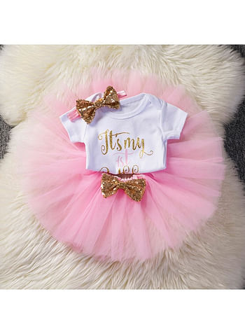 4 Pieces Its My 1st Birthday Costume Princess Theme Dressing up Toy Baby Girl Party Fancy Wear with Tutu Skirt, Cake Topper and Floral Headband - Baby Pink