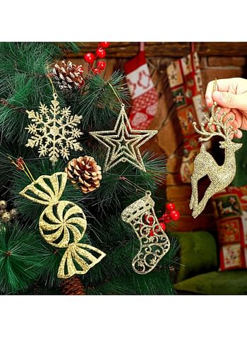 15 Pieces Christmas Glitter Snowflake Ornaments Plastic Christmas Hanging Ornaments Star Candy Reindeer Stocking Snowflake Decorations for Christmas Tree Winter (Multicolour)