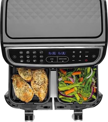 Salter EK4548 Dual Air Fryer - Double Drawer, 2 XL Non-Stick Cooking Trays, Sync & Match Cook Function, Independent Cooking, 8.2L, Sensor Touch Display, 12 Presets, Oil Free, 2200W-2600W - Black, Silver