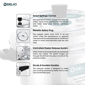 Delici Dripless 7 Litre Pressure Cooker ADPC7E Virgin Aluminium Build  Specially Designed Handle Food Grade Rubber Gasket Gasket Release System  Quality Pressure Regulator