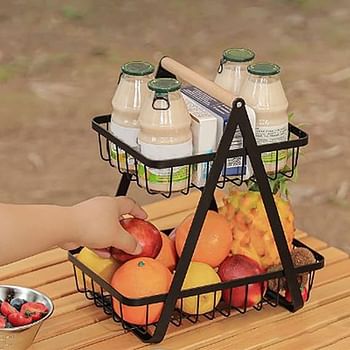 2-Tier Countertop Fruit and Vegetable Basket, Kitchen Storage Rack, Food Bins, Wire Construction, Wooden Handle, Versatile Organizer-  Black