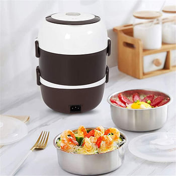 Electric Lunch Box, 3 Layers Stainless Steel + PP 2L Portable Electric Lunch Box Food Storage Warmer Container Rice Cooker