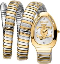 Just Cavalli Women's Signature Snake Quartz Watch 2 Tone Silver And Gold Bracelet Silver Dial