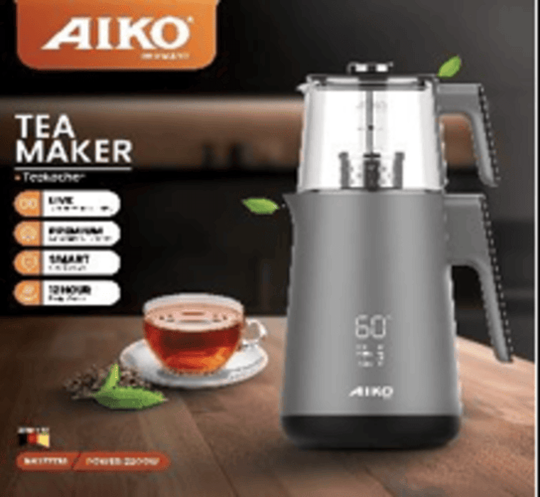 Aiko AK177TM Stainless Steel Body Beautiful Design Tea coffee Maker Steel Filter Capacity 2 Liters Teapot Temperature Live Display,  2200 Watt Shatterproof Glass Teapot