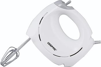 Geepas 200W Hand Mixer- 2 beaters and dough hooks- Professional Food & Cake Mixer for Baking 7 Speed Function, Includes Chrome Extra Long Hooks GHM9899 - White