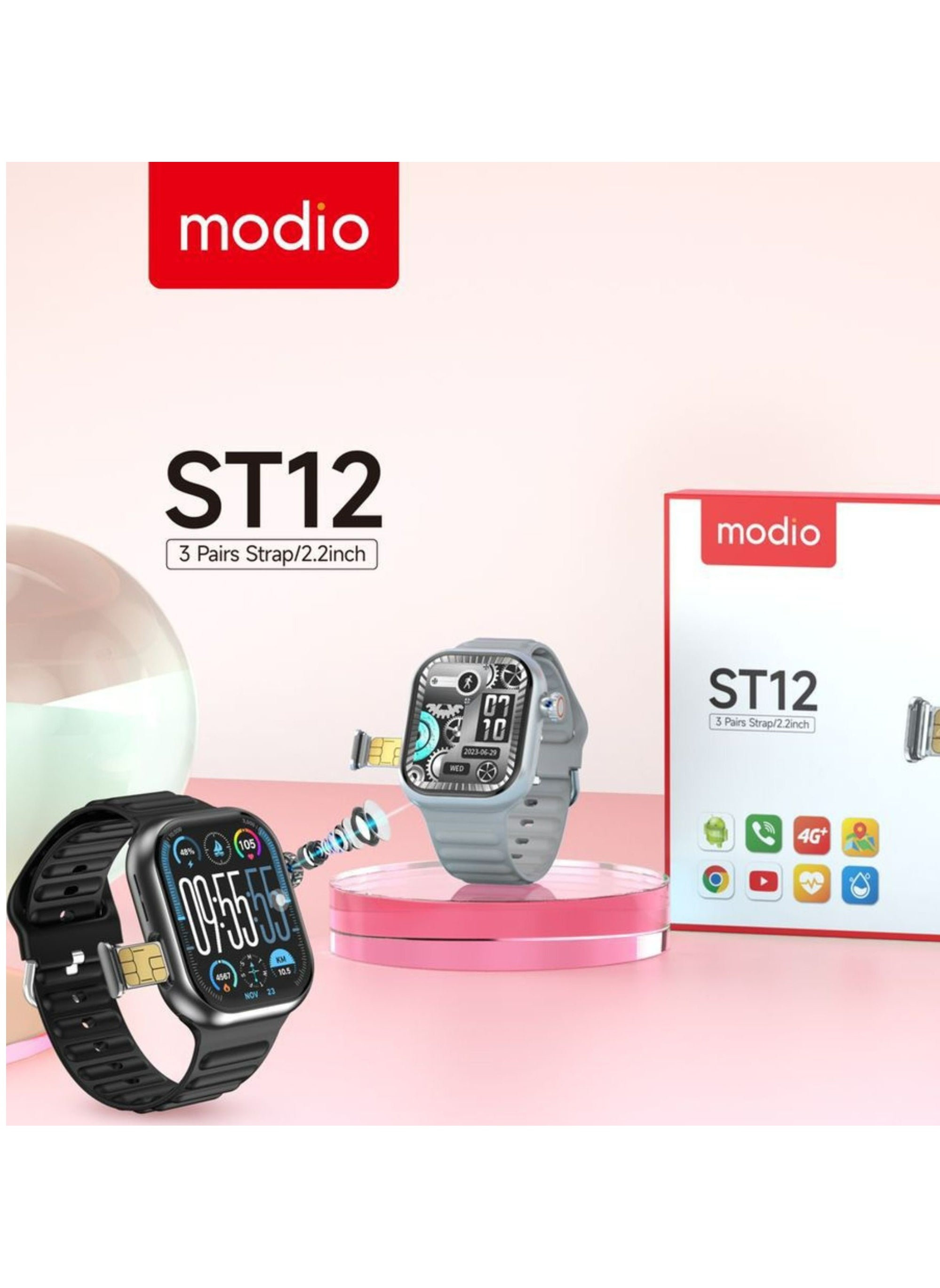 modio ST12 4G Network 3 Pairs Strap/2.2 inch Smartwatch-Silver