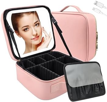 Best Quality Travel Makeup Bag With Lighted Mirror Cosmetic Bag With Adjustable Dividers Waterproof Portable Makeup Organizer Box Cosmetic Train Case For Women Girls