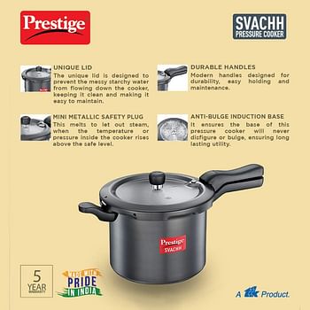 Prestige Svachh Pressure Cooker 7.5 Ltr with Hard Anodised Body | Grey