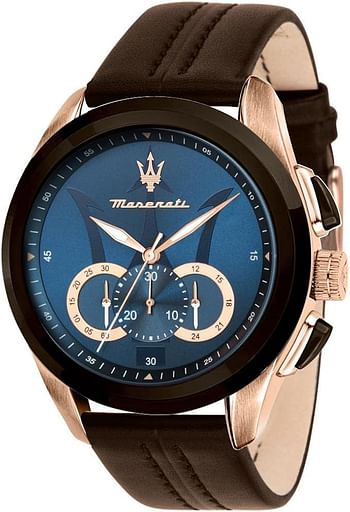 Maserati Men's Watch Traguardo Collection Quartz Movement Chronograph Brown Leather Watch - Blue Dial- size 45