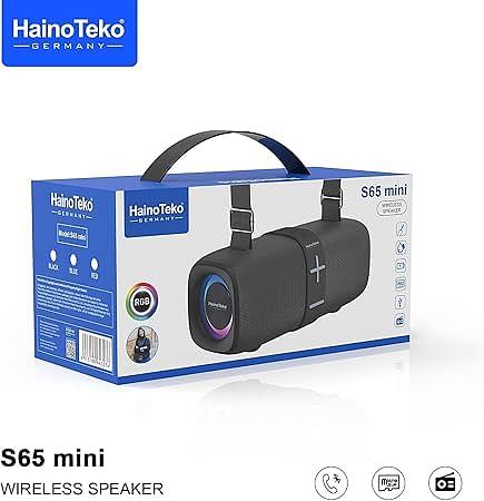 Haino Teko S65 Mini Splash Proof Wireless Speaker with RGB Light, Micro SD Card Slot, FM Radio, Aux and Powerbank Function - Black