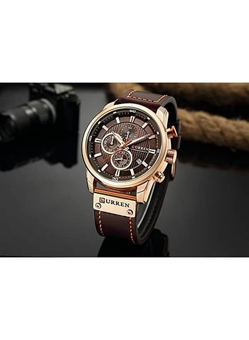 CURREN Men's Water Resistant Sport Chronograph Watches Military Multifunction Leather Quartz Wrist Watches - Gold Brown