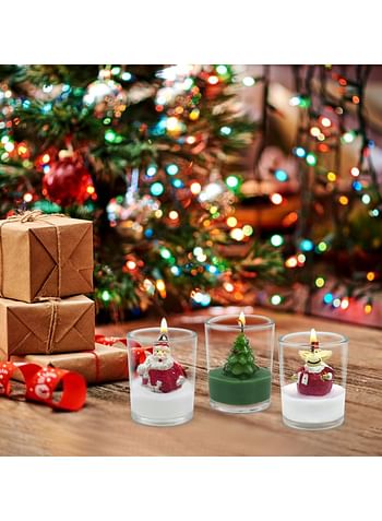 12-Pack Christmas Glass Votive Candles - Festive Decor Set with Santa, Snowman, Pinecone, Cedar, Elk and House Designs - Good for Xmas Holiday Decorations, Parties and Gifts