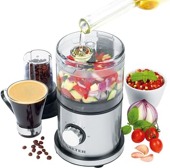 Salter EK5028 4-in-1 Kitchen Master Food Processor and Blender, Slice, Shred, Chop, Blend & Grind, 2 Speeds & Pulse, 600 ml Bottle, 30 g Grinding Cup, Dual Function, Food Pusher, Dishwasher Safe, 400W